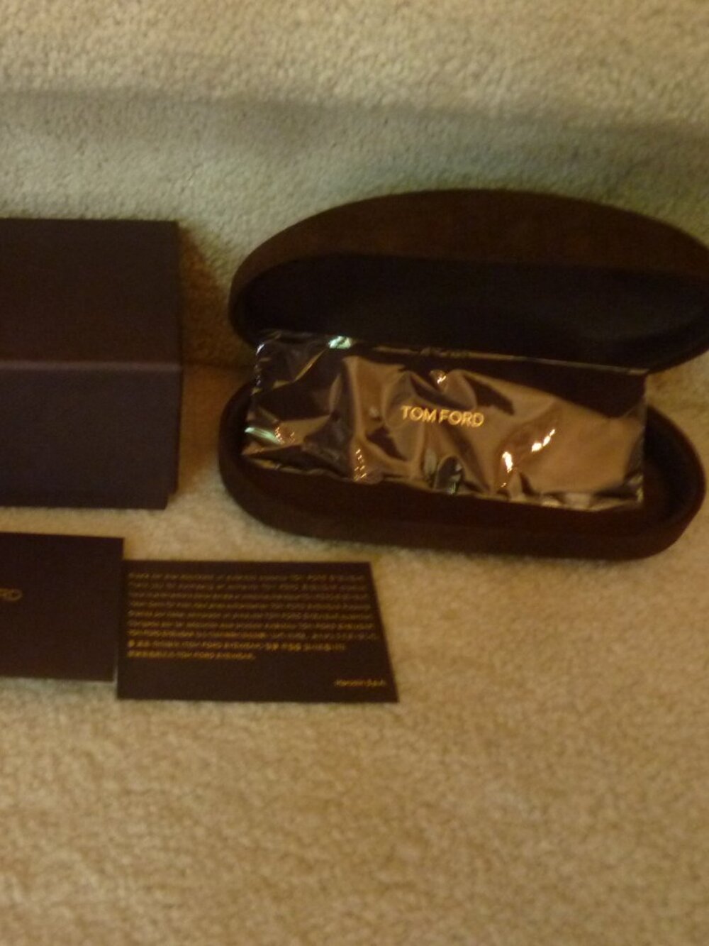 Brand New Tom Ford Brown Eyeglass Case with cleaning cloth, box, and card